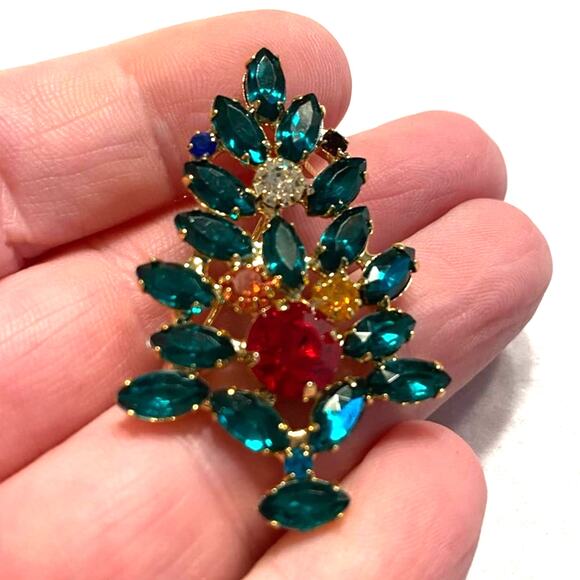 Rhinestone Christmas Tree brooch festive multicolor holiday pin fashion jewelry - Picture 2 of 5
